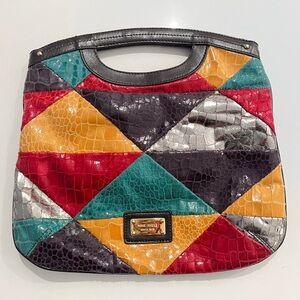 Vintage Nine West Faux Leather Multicolor Patchwork Retro 80s Clutch Bag Purse